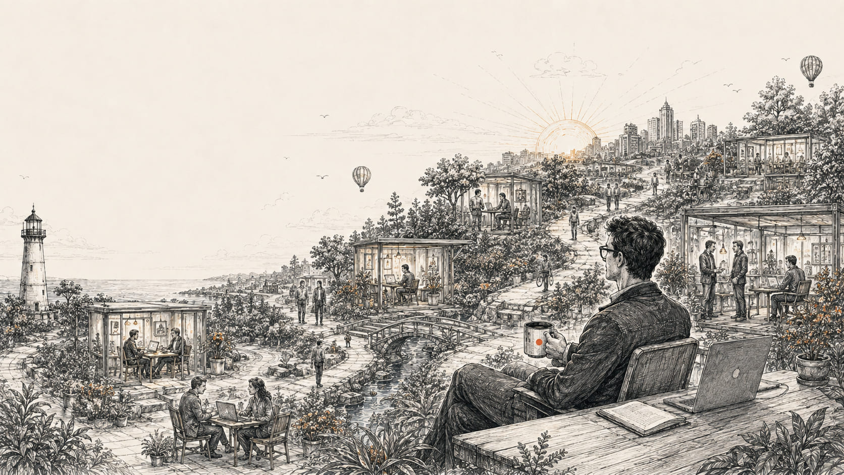 A business owner looking across a calm landscape of working spaces and a path toward a city.