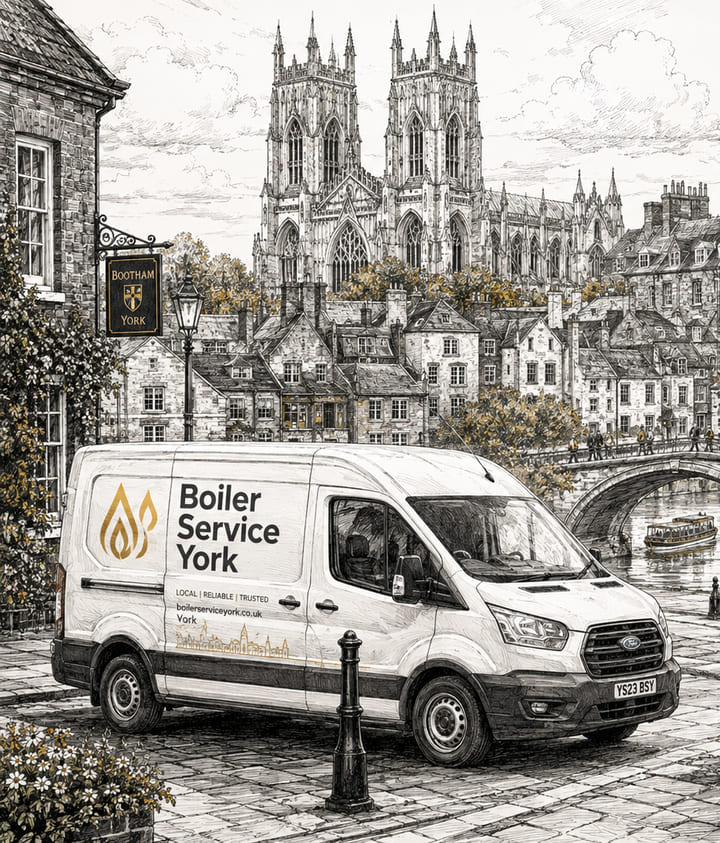 An illustrated Boiler Service York van in front of York Minster and local homes.