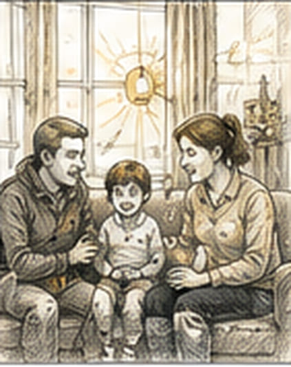 A family comfortable in a warm home after service work.
