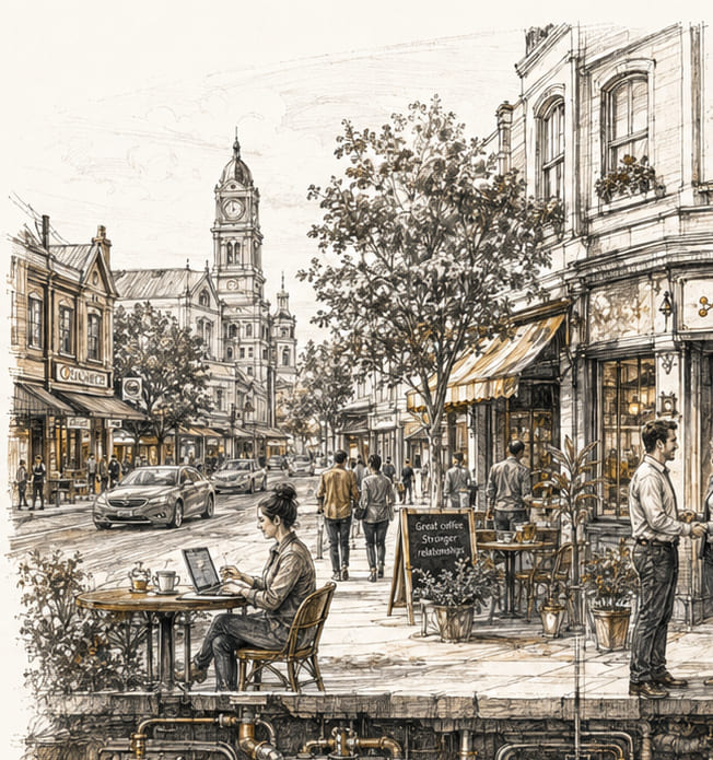 A local high street scene where a business and its customer journey can be studied.
