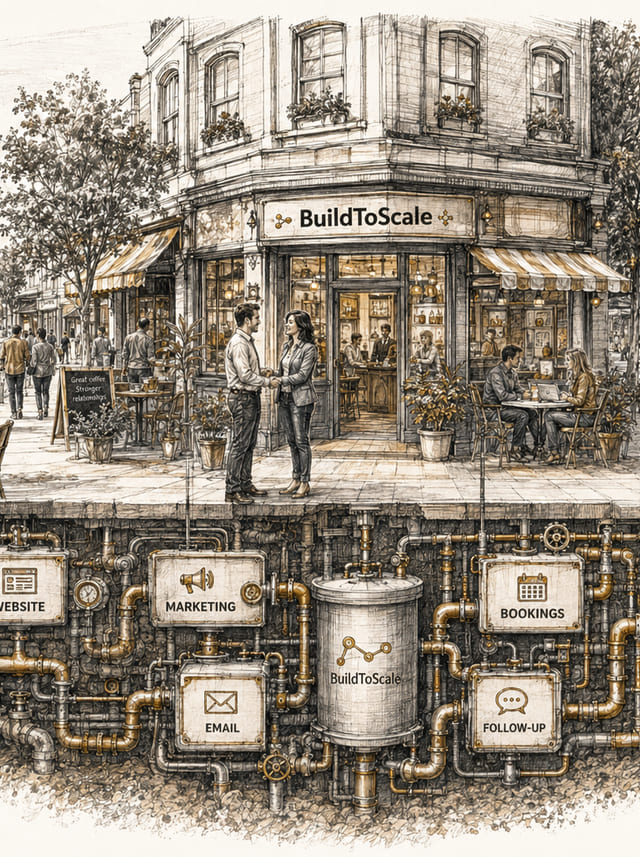 An illustrated local high street with a BuildToScale hub above connected commercial systems.