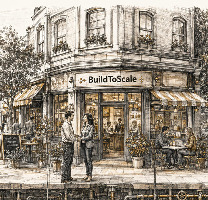Two business owners meeting outside a connected local business.